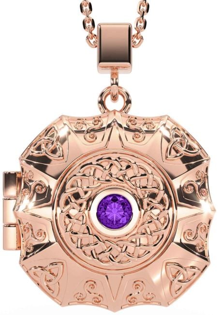 Amethyst Rose Gold Silver Celtic Trinity Knot Locket Necklace