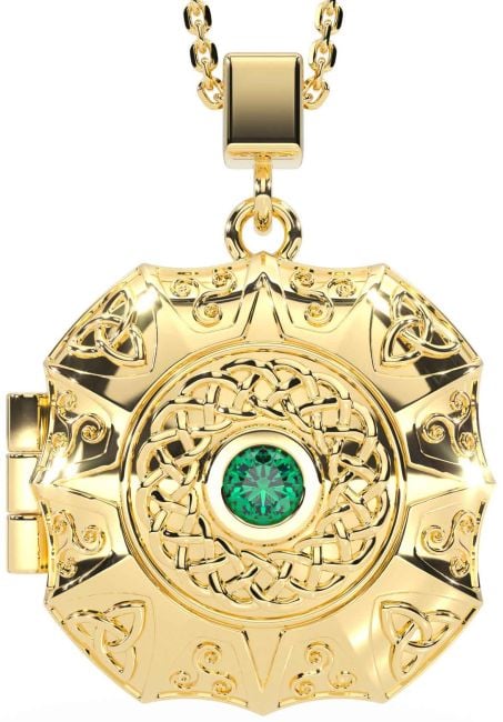 Emerald Gold Silver Celtic Trinity Knot Locket Necklace