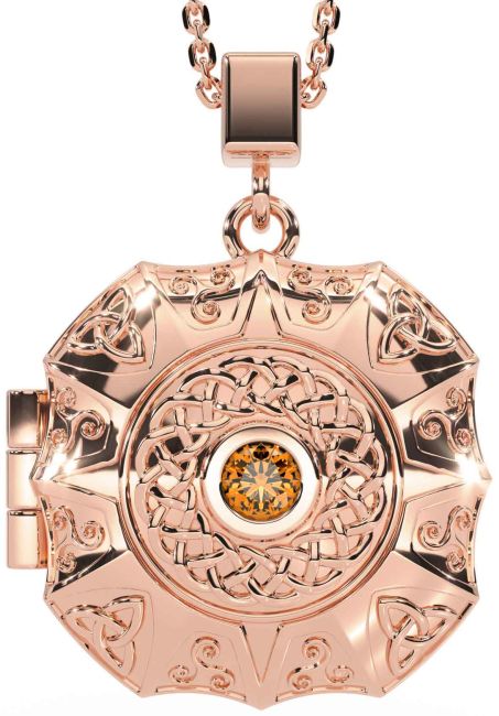 Citrine Rose Gold Celtic Trinity Knot Locket Necklace