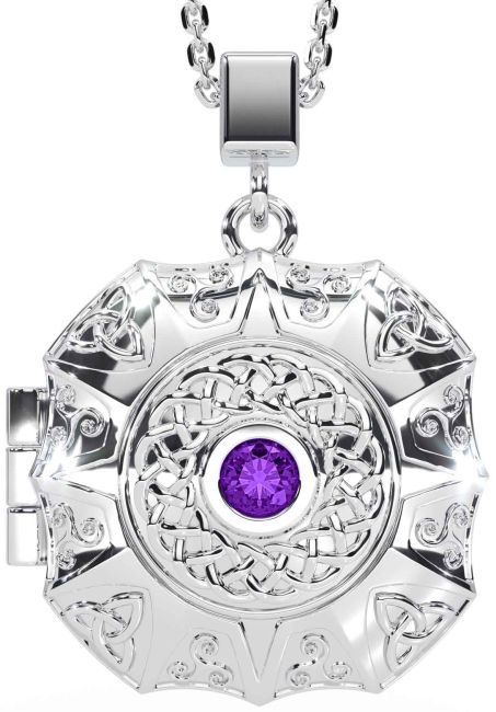Amethyst White Gold Celtic Trinity Knot Locket Necklace