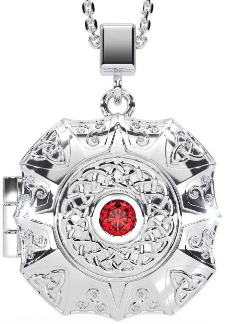 Ruby White Gold Celtic Trinity Knot Locket Necklace
