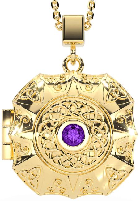 Amethyst Gold Celtic Trinity Knot Locket Necklace