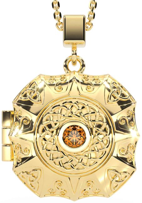 Citrine Gold Celtic Trinity Knot Locket Necklace