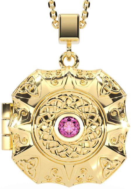 Pink Tourmaline Gold Celtic Trinity Knot Locket Necklace