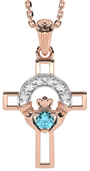 Diamond Aquamarine Rose Gold Silver Claddagh Celtic Cross Necklace