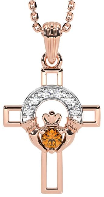 Diamond Citrine Rose Gold Silver Claddagh Celtic Cross Necklace