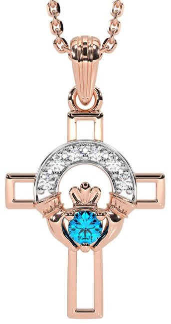 Diamond Topaz Rose Gold Silver Claddagh Celtic Cross Necklace