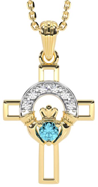 Diamond Aquamarine Gold Silver Claddagh Celtic Cross Necklace