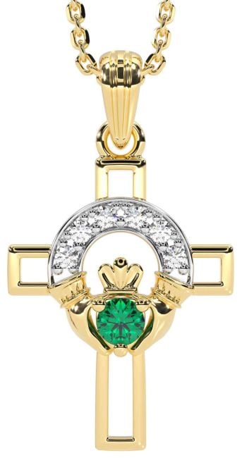 Diamond Emerald Gold Silver Claddagh Celtic Cross Necklace