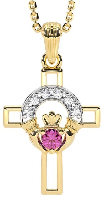 Diamond Pink Tourmaline Gold Silver Claddagh Celtic Cross Necklace