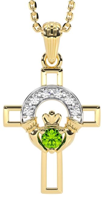 Diamond Peridot Gold Silver Claddagh Celtic Cross Necklace