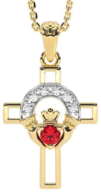 Diamond Ruby Gold Silver Claddagh Celtic Cross Necklace
