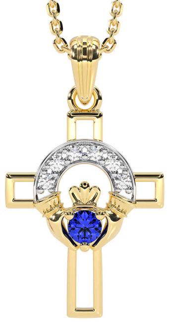 Diamond Sapphire Gold Silver Claddagh Celtic Cross Necklace