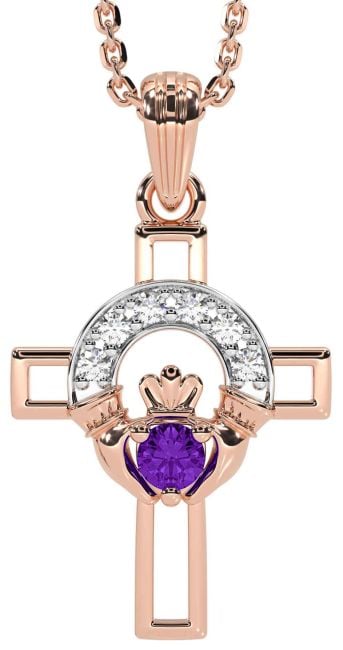 Diamond Amethyst Rose Gold Claddagh Celtic Cross Necklace