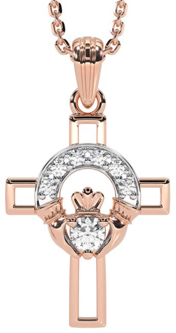 Diamond Rose Gold Claddagh Celtic Cross Necklace