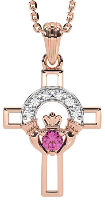 Diamond Pink Tourmaline Rose Gold Claddagh Celtic Cross Necklace