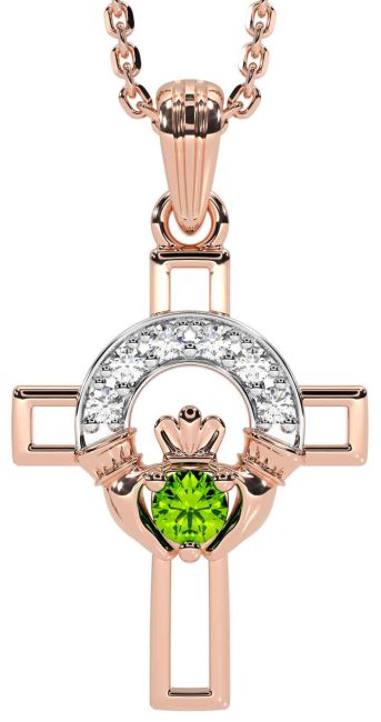 Diamond Peridot Rose Gold Claddagh Celtic Cross Necklace