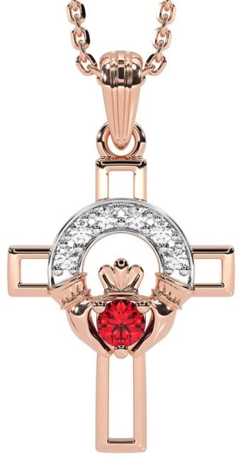 Diamond Ruby Rose Gold Claddagh Celtic Cross Necklace