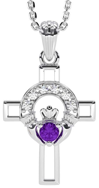 Diamond Amethyst Silver Claddagh Celtic Cross Necklace