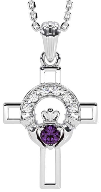 Diamond Alexandrite Silver Claddagh Celtic Cross Necklace