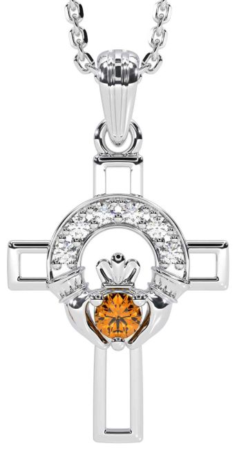 Diamond Citrine Silver Claddagh Celtic Cross Necklace