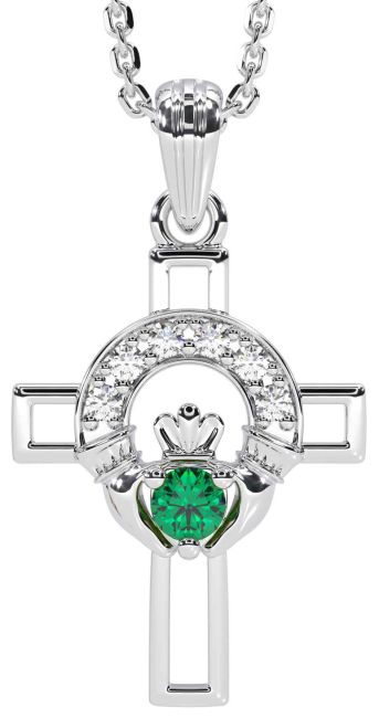 Diamond Emerald Silver Claddagh Celtic Cross Necklace