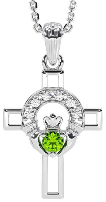 Diamond Peridot Silver Claddagh Celtic Cross Necklace