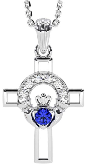 Diamond Sapphire Silver Claddagh Celtic Cross Necklace