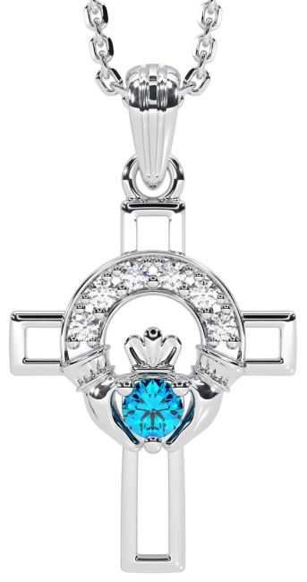 Diamond Topaz Silver Claddagh Celtic Cross Necklace