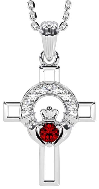 Diamond Garnet White Gold Claddagh Celtic Cross Necklace