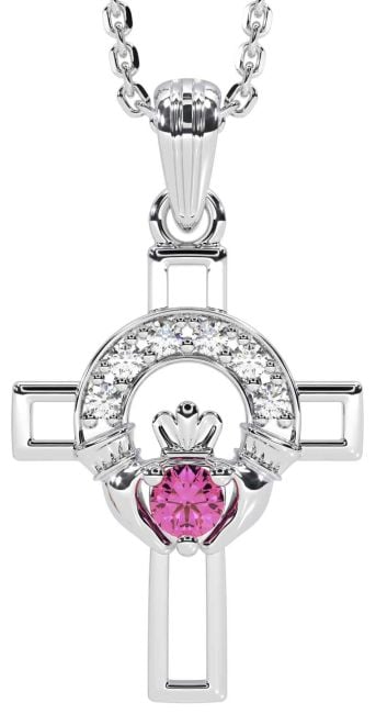 Diamond Pink Tourmaline White Gold Claddagh Celtic Cross Necklace