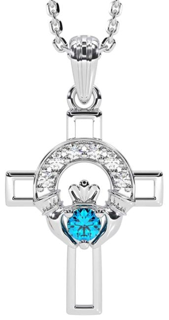 Diamond Topaz White Gold Claddagh Celtic Cross Necklace