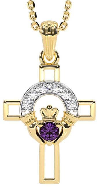 Diamond Alexandrite Gold Claddagh Celtic Cross Necklace