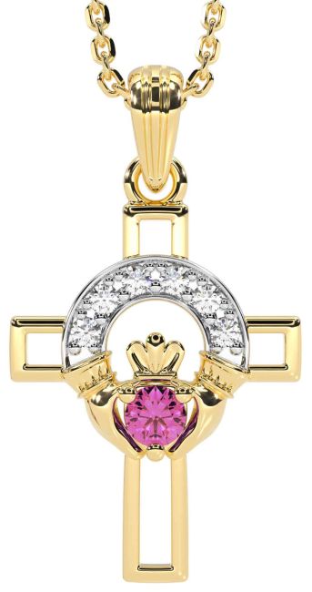 Diamond Pink Tourmaline Gold Claddagh Celtic Cross Necklace