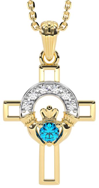 Diamond Topaz Gold Claddagh Celtic Cross Necklace