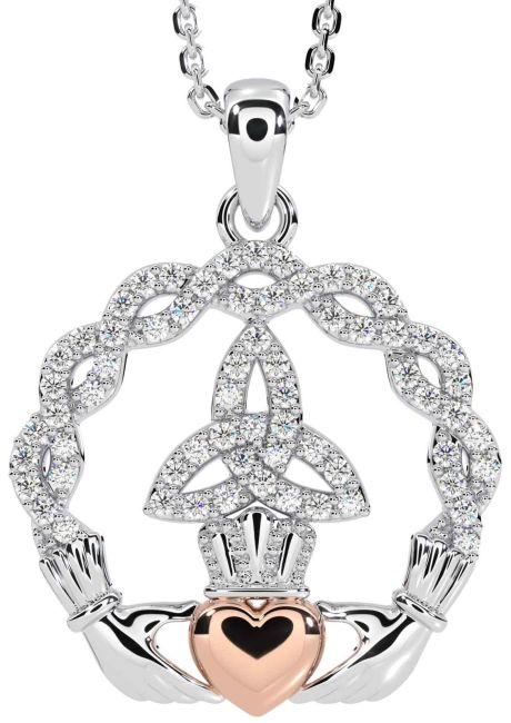 Diamond Rose Gold Silver Celtic Claddagh Trinity knot Necklace