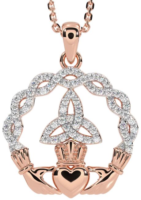 Diamond Rose Gold Silver Celtic Claddagh Trinity knot Necklace