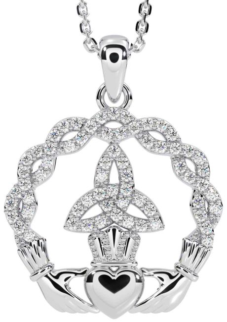 Diamond Silver Celtic Claddagh Trinity knot Necklace