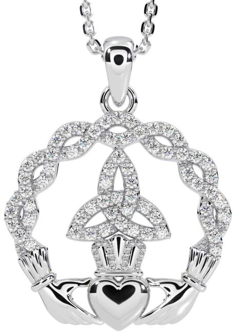 Diamond White Gold Celtic Claddagh Trinity knot Necklace