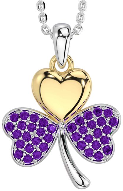 Amethyst White Yellow Gold Shamrock Necklace