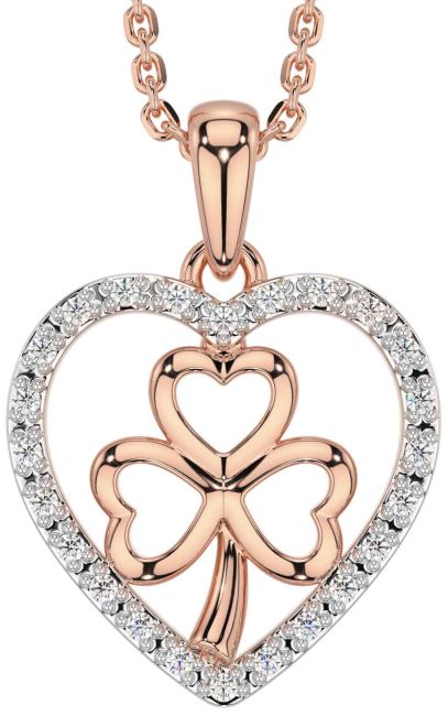 Diamond Rose Gold Silver Celtic Heart Shamrock Necklace