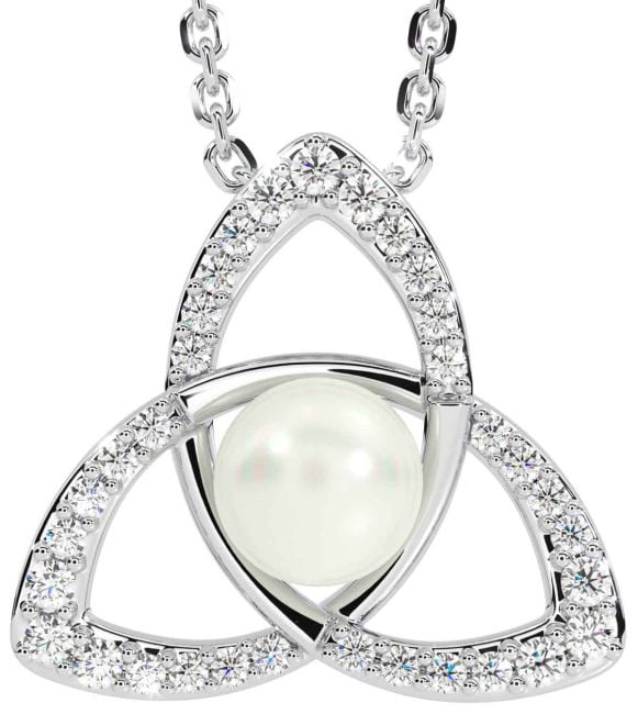 Diamond Pearl White Gold Celtic Trinity Knot Necklace