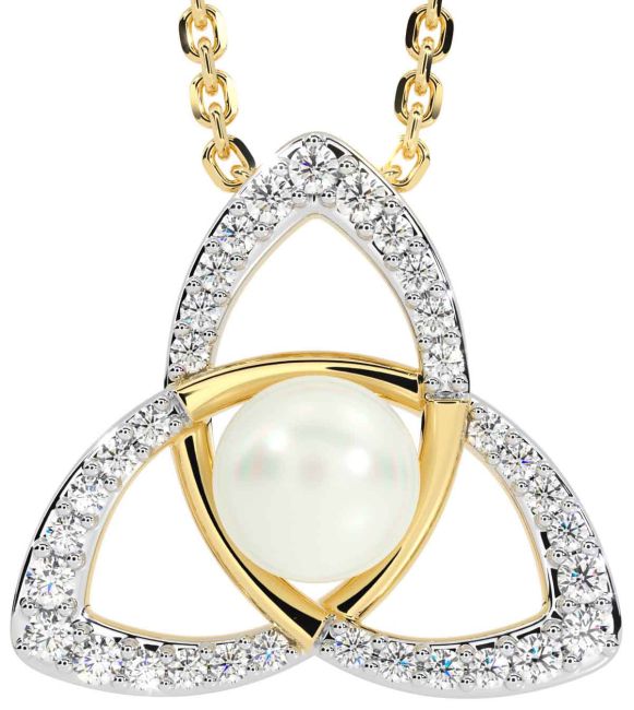 Diamond Pearl Gold Celtic Trinity Knot Necklace