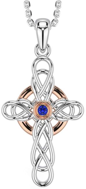 Sapphire Rose Gold Silver Celtic Cross Necklace