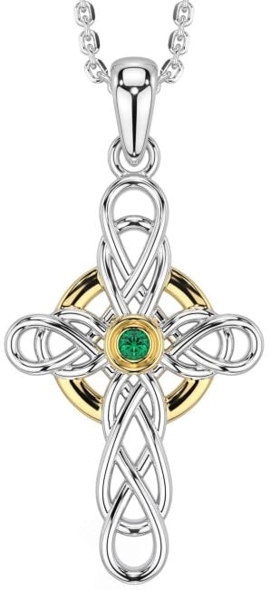 Emerald Gold Silver Celtic Cross Necklace