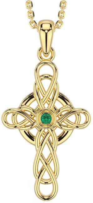 Emerald Gold Silver Celtic Cross Necklace