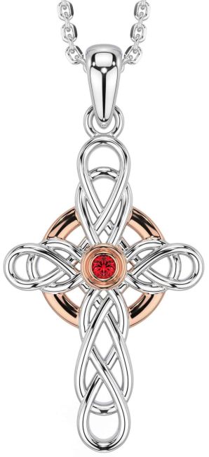 Ruby White Rose Gold Celtic Cross Necklace