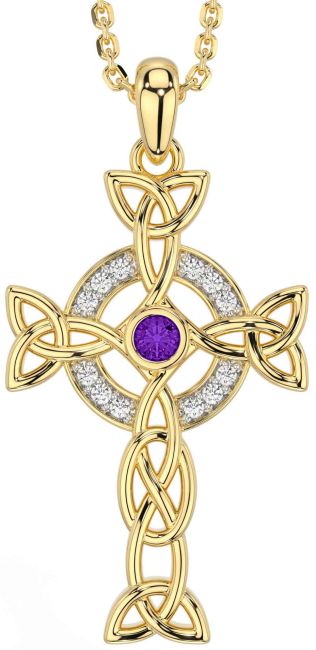 Diamond Amethyst Gold Silver Celtic Cross Trinity Knot Necklace