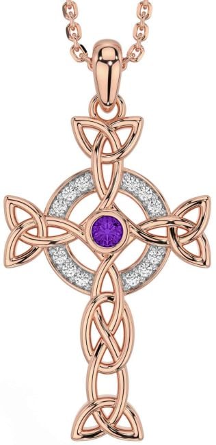 Diamond Amethyst Rose Gold Celtic Cross Trinity Knot Necklace