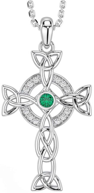 Diamond Emerald Silver Celtic Cross Trinity Knot Necklace